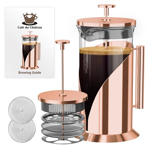 Image of Cafe Du Chateau Stainless Steel French Press Coffee Maker 34 oz - Easy to Use Insulated Coffee Press with 4-Level Filtration, Manual Brewer for Tea, Camping & Travel with BPA Free, Durable Clear Glass