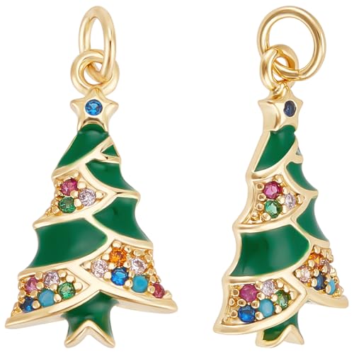 Beebeecraft 1 Box 10Pcs Christmas Tree Charms Enamel Cubic Zirconia 18K Gold Plated Xmas Tree Charms with Jump Ring for Bracelet Jewelry Making