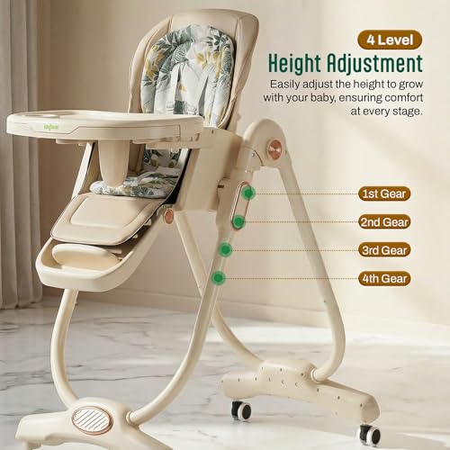 Image of Baybee 3-in-1 Baby High Chair with 4-Level Height Adjustment, Dining, Lounge & Recline Modes, 120-160 Backrest, Adjustable Footrest, One-Click Folding, Detachable Food & Toy Tray, 5-Point Harness & 360 Castor Wheels | Feeding Chair for 6 Months to 5 Years (Beige)