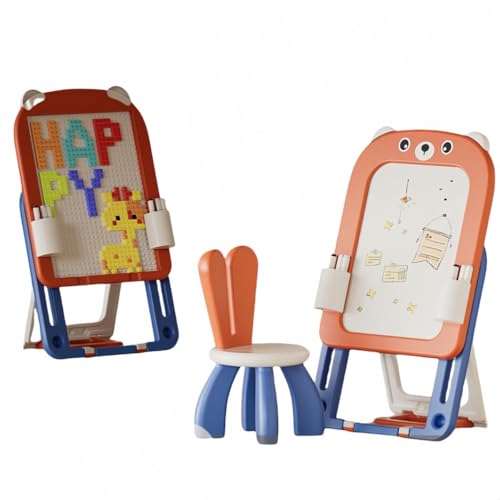 miluFox折りたたみ式 お絵かきボード ホワイトボード 子供用 大型 知育玩具 高さ調節可能 マグネット式 スイス製 磁気ペンで書いて消せる おもちゃ 椅子付き (レッド&ブルー,うさぎ椅子 + 積み木板 + 知育スタートセット)