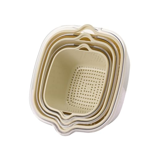 【Damika】ボウルセット 8 個セット 厚みあるザル付き 食器キッチン用品 水切りネット 洗米・水切り用 重ねてフラット 収納便利 米洗い・野菜洗い (ベージュ 6点セット(特大+大+中))