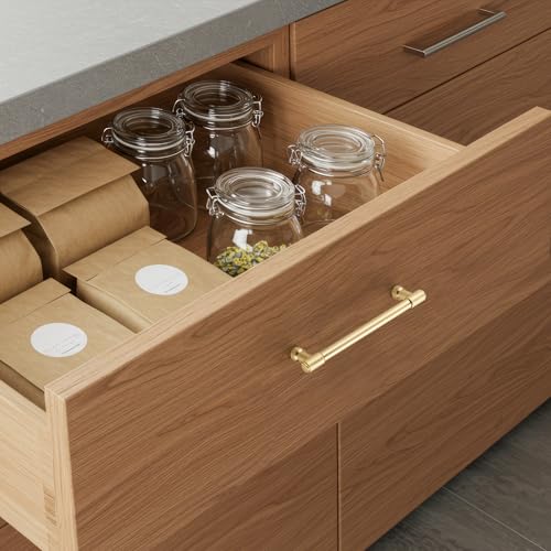 Image of Ravinte 20 Pack 5 Inch Hole Center Solid Kitchen Cabinet Handles Brushed Gold Dresser Pulls Cabinet Drawer Pulls for Kitchen Cupboard Hardware