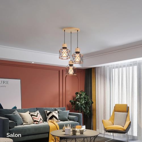 iDEGU 3 Lampes Suspension Luminaire Vintage Lustre Plafonnier Industriel Bois Lampe de Plafond Abat-jour Design Cage avec Corde de Chanvre E27 Éclairage Plafond pour Salon Chambre Cuisine (Cercle) – vue 4