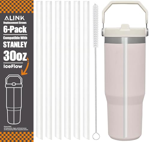 ALINK Replacement Straws for Stanley Iceflow 30oz Flip Tumbler 6 Pack Reusable Clear Plastic Straws Compatible with 30oz Stanley IceFlow Cup with Cleaning Brush Angled Design Dishwasher Safe