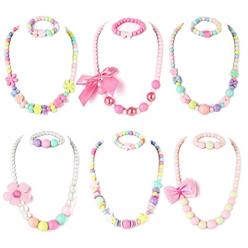 Powerking Kinderhalsketting armband oorbellen ring set 6 sets kleine meisjes en kinderen parelsieraden halsketting en armband set voor het versieren van spreuken voor feestjes