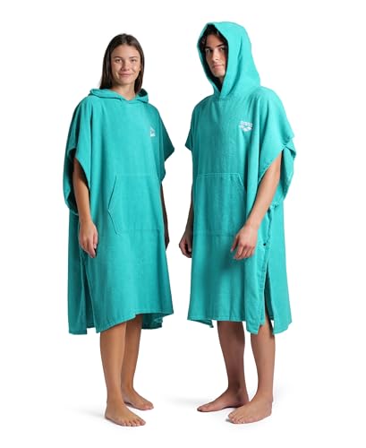 ARENA Unisex Cotton Poncho Soft Hooded Towel with Front Pocket Easy Changing Post Swim Warmth and Comfort for Beach Pool or Surf, Water/White, Large/X-Large
