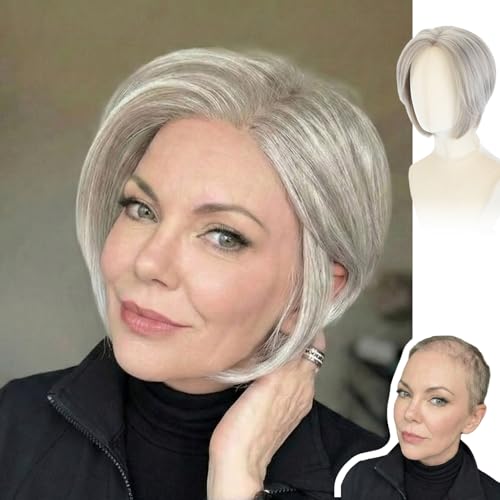 WIGYY Mono Top Lace Front Bob Wig for White Women 10 Inch Light Grey Short Straight Wig Glueless Heat-Resistant Protein Fiber Natural Look Comfortable Daily Wear Wig