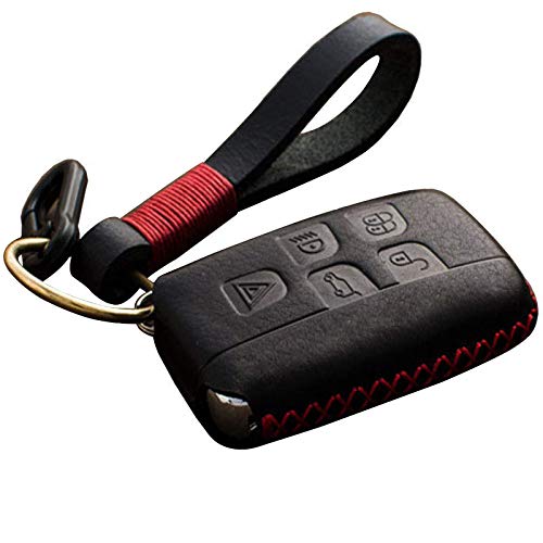 KMT Car Key Fob Case-Genuine Leather Key Cover Holder fit Land Rover Range Rover Sport Evoque LR4 Smart Key-Car Accessories Key Chain (Black+red Thread)