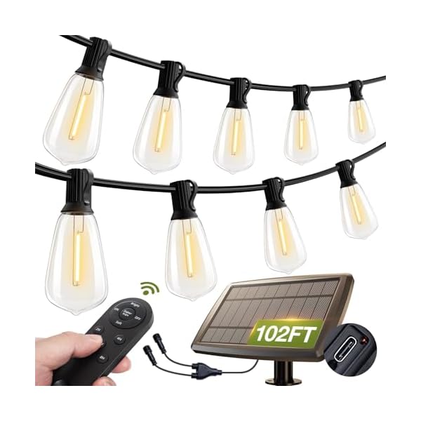 Addlon 102966 ft solar string lights waterproofpatio lights solar powered with remote usb port 3 lighting modes 302 led shatterproof bulbs outdoor lights for camping backyard garden  urban country home decor