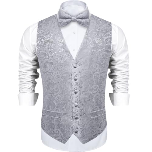 Image of DiBanGu Mens Paisley Suit Vest Bowtie Formal /Casual Dress Waistcoat | 5PCS,Vest for Men,Silk Blend,Anti-Wrinkle,Durable,Machine Wash,for Tuxedo,Wedding,Party,Prom,V-neck,2 Real Pockets