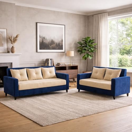 Image of Ultimate Comfort 3+2 Wooden Sofa Set | Premium Velvet Fabric | Modern 5-Seater Sofa | Durable & Stylish Living Room Furniture(Blue & Cream)