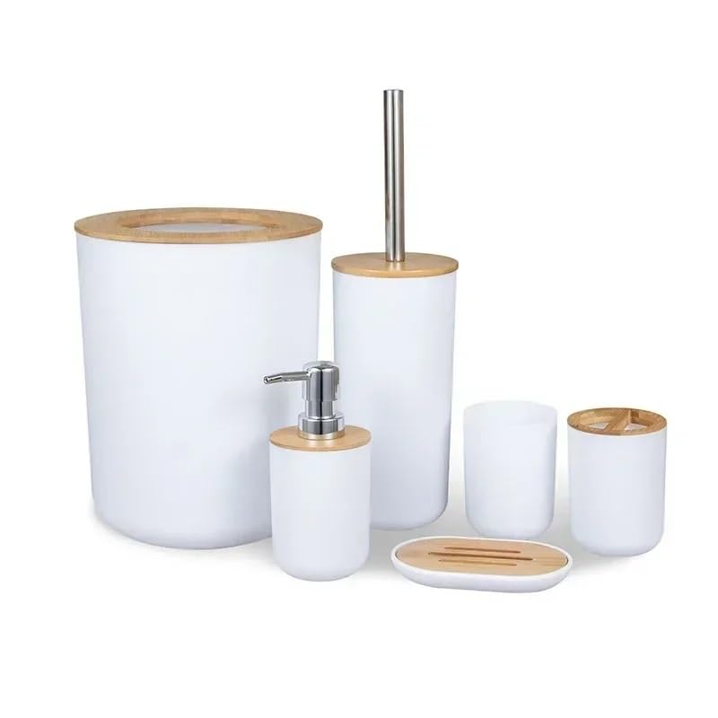 Badezimmer Zubehör Set Badezimmer-Zubehör-Set, Seifenspender, Flaschenschale, Waschraum, Zahnbürstenhalter, Tasse, Anzug, Lotion, Rack, Mülleimer, Toilettenbürste(White 6pcs)