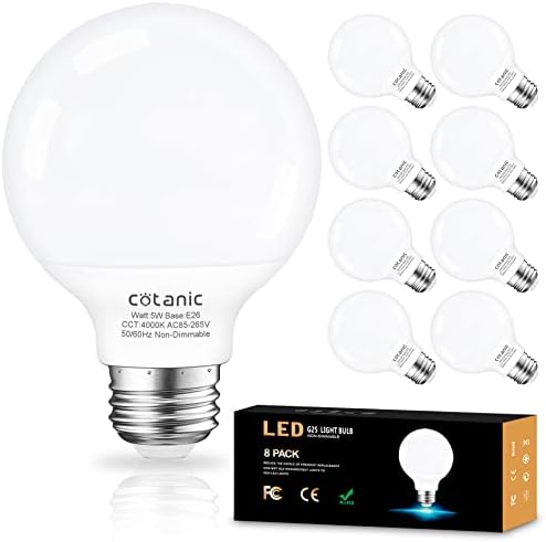 G25 LED Vanity Light Bulb for Bathroom 4000K Daylight,Cotanic Globe Light Bulbs,E26 Standard Base,5W,60 Watt Incandescent Equivalent,500LM,Non-Dimmable,8 Pack