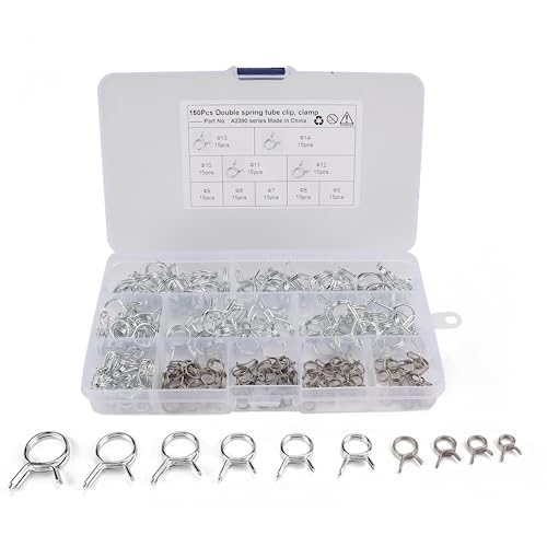 Collier de Serrage 150 Pièces Colliers de Clip à Ressort 5-14mmTuyau Serrage Colliers Serrage Tuyaux en Acier Inoxydable Serre Joint à Tuyau Pinces Clips Fixation Pour Tuyau D'eau Carburant Tube