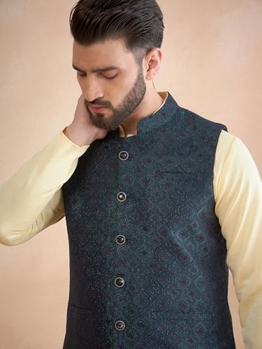Image of Amazon Brand - Tavasya Mens Woven Design Mandarin Collar Nehru Jackets | Sleeveless Jacket | Ethnic Wear