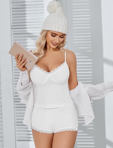 Image of Avidlove Women's Soft Ribbed Knit Cami Pajama Set Sexy V Neck Lace Trim Sleepwear Side Slit Shorts Lingerie Nightwear