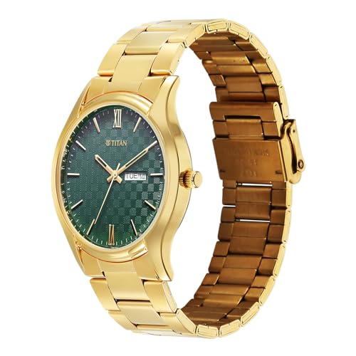 Image of Titan Karishma Regal Classic Day-Date Green Dial IPG Stainless Steel Men's Dress Watch - 10059YM02