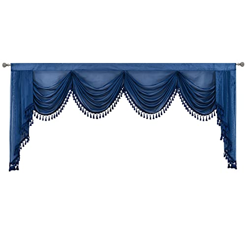 Oyring Navy Blue Sheer Window Curtains Valance For Living Room Waterfall Swag Valance Topper Curtains For Bedroom Rod Pocket Valance Curtains (1 Panel, W110 Inch) #TOP2
