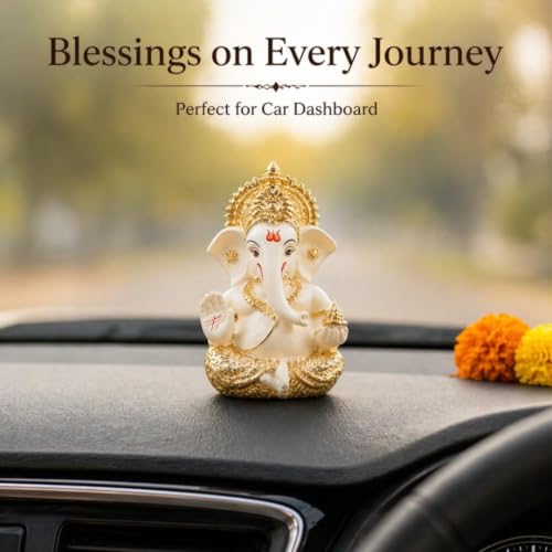 Image of Gold Art India Lord Ganesha Gold Plated Idol | Elegant Off White Finish | Premium Peacock Green Velvet Gift Box | Ganesh Murti for Home Temple, Office Desk & Car Dashboard | Spiritual Gift