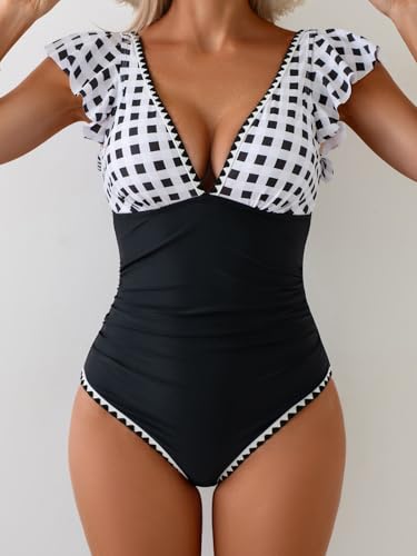 Image of Aidonger Women's One Piece Ruffle Swimsuit Tummy Control Bathing Suit V Neck Shell Stitched Swim Suit Slimming Swimwear