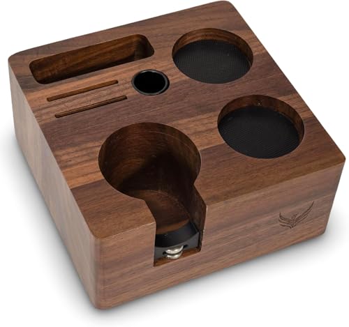 KNODOS 58mm Tamperstation Walnussholz Espresso Tamping Station Siebträger Organizer mit Fächern für Tamper Distributor Dosing Funnel WDT Tool und Puck Screen
