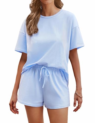 Image of Ekouaer Cotton Pajamas Set for Womens Soft Short Sleeve Lounge Set Shorts Sleepwear Set 2 Piece Pjs Sets