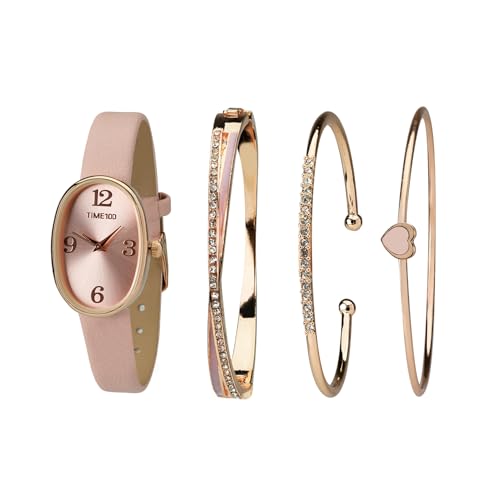 TIME100 Set Reloj y Pulseras para Mujer, Reloj de Cuero Rosa con 3 Pulseras, Elegante Idea de Regalo para Ella（Rosa）