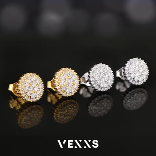 VEXXS S925 Diamond Stud Earrings for Men, 14K Real Gold Plated Iced Out Earrings Micro Pave 5A CZ Stones Men’s Studs, Hypoallergenic 925 Sterling Silver Studs 5