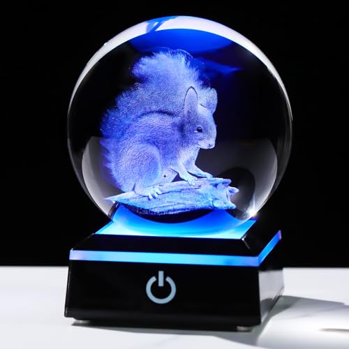Image of Arikyrist 3D Squirrel Figurine Crystal Ball with Colorful Light Base, Laser Engraved Squirrel Gifts for Women Men on Christmas Birthday, Squirrel Ornament Glass Decorative Ball for Home Decor (80mm)