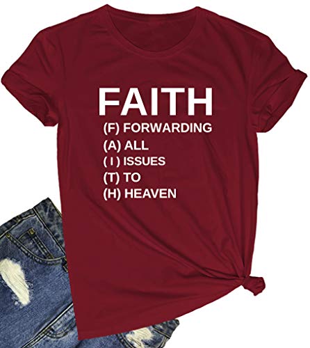 BLACKOO Women Summer O-Neck Short Sleeve Cute T Shirts Wine Red X-Large