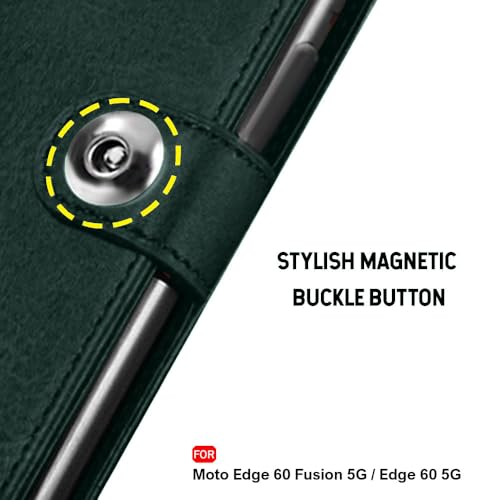 Image of TheGiftKart Flip Cover Back Case for Motorola Moto Edge 60 Fusion 5G / Moto Edge 60 5G | Genuine Leather Finish | Designer Button | Inbuilt Pockets & Stand | Flip Back Cover Case (Faux Leather, Green)