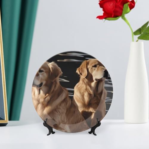 QWJKM Dekorative Teller aus Knochenporzellan, Golden Retriever, Salatteller, Porzellan, Dessertteller, Serviergeschirr, Kunstdekoration, Ornament für Wohnzimmer, Tisch, Küche, 18 cm