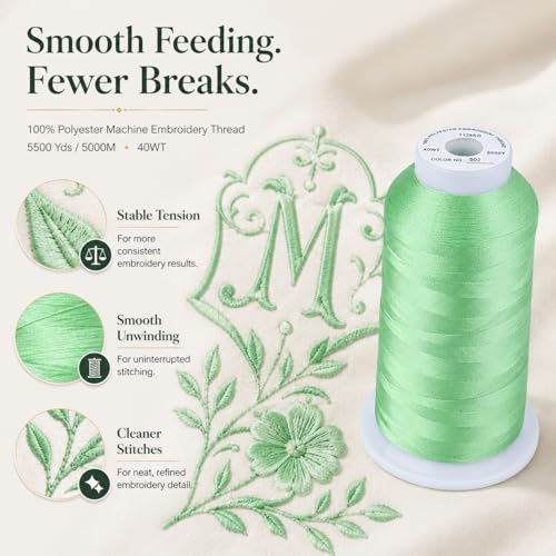 Image of Simthread Embroidery Machine Thread 5000M 40WT Polyester, Mint Green 502 | 5000M 40WT polyester thread feeds smoothly for home or commercial embroidery projects.