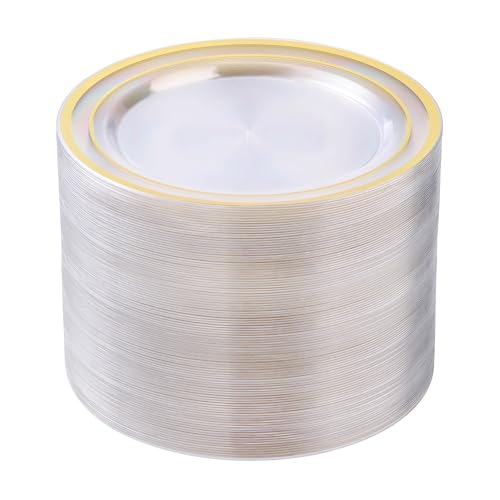 BESTSTAR 100PCS Clear Plastic Plates for Party, 10.25 Inch Disposable Plates with Gold Rim, Heavy Duty Dinner Plates for Christmas, Thanksgiving, Wedding and Birthday
