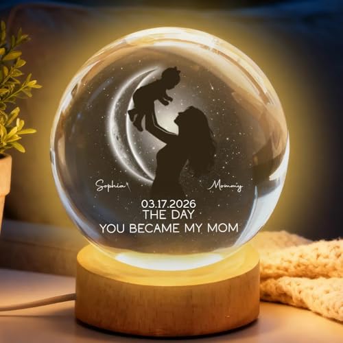 Mom Hugging Kid, The Day You Became My Mom Custom Moon Phase by Date - Personalized Crystal Ball LED Night Light - Mother's Day Idea forMom - Our First Mother's Day LED Night Light Family Keepsake