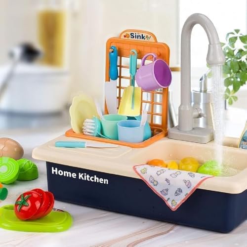 Image of Kitchen Sink Toy Set with Running Water Tap - Pretend Play Dishwasher Kitchen Playset with Utensils, Cups, Vegetables & Cleaning Accessories for Boys and Girls Kids
