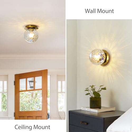 Image of Modern Gold Globe Wall Sconce,Single Light with Stained Glass Shade | 6 inch Minimalist Spherical Vanity Sconces,Contemporary Small Brass Ball Lights Fixture for Entryway Bedside Bathroom,E26 Base