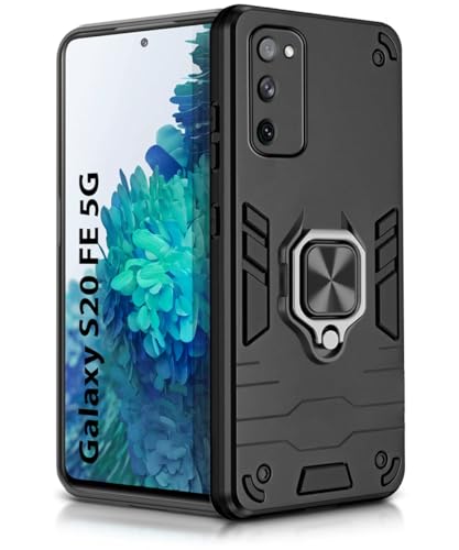 Image of WOW IMAGINE Shock Proof Back Case Mobile Cover for Samsung Galaxy S20 FE 5G | Back Cover Case (Tough Armor | Hybrid PC + TPU | Ring Holder & in-Built Kickstand | Black)