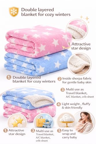 Image of BRANDONN New Born All Season Ultrasoft Wrapper Sheet Baby Blanket for Babies (Pink & Blue) Pack of 2, Length 100 cm x Width 75 cm, 0-12 Month