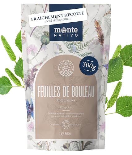 Thé de Feuilles de Bouleau séchées Monte Nativo (300g) - Thé en vrac - 100% pur et naturel, sans additifs - Herbes à l'arôme intense pour la préparation d'une délicieuse tasse de tisane