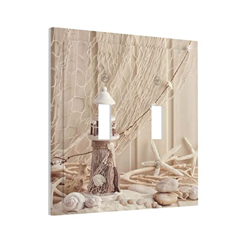 Beige Wooden Beach Lighthouse 2-Gang Device Light Switch Wall Plate Electrical Receptacle Wallplate Cover Double Toggle Summer Starfish Nautical Ocean Coastal Marine Fishing Sea Stars Shells Decor #TOP14
