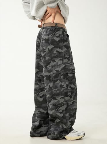 Mens Camo Cargo Pants Y2k Casual Baggy Mid Rise Wide Leg Loose Fit Camouflage Pants with Pockets Streetwear3
