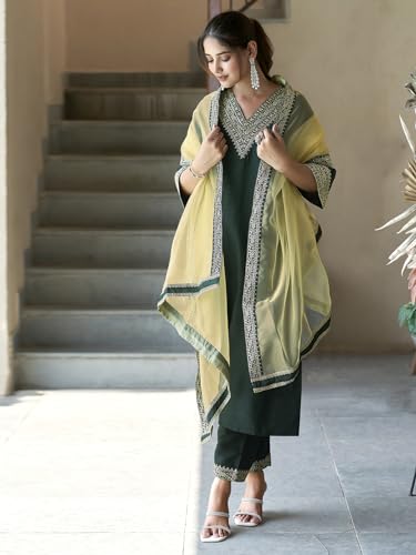 Image of Sanisa Women's Silk Sequence Embroidery Work Straight Kurta With Pant And Dupatta | Ethnic Set | Suit Set | Kurta Set(104KBD1136N-M Dark Green)