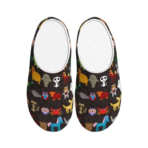 Funny Cartoon Animals Character Slippers For Women'S & Mens Casual House Shoes Closed Toe Flannel Scuff Slippers
