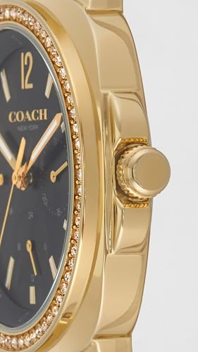 Image of Coach Kitt Qtz Multifunction Black Tonneau Dial Women's Watch|Ionic Plated Thin Gold Steel Material|Gold Color Band - 14504398