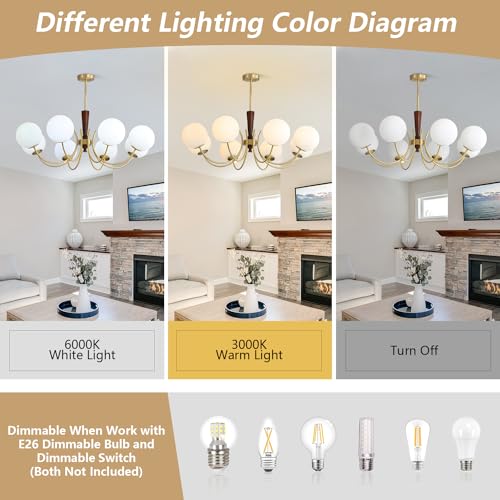 KCO Lighting 8 Light Gold Chandelier Mid Century Modern Globe Chandelier Brushed Brass Chandeliers for Dining Room Rustic Vintage Wood Chandelier Milk Glass Pendant Lights Kitchen Island, L1172-8 by KCO - Used condition - Image 4
