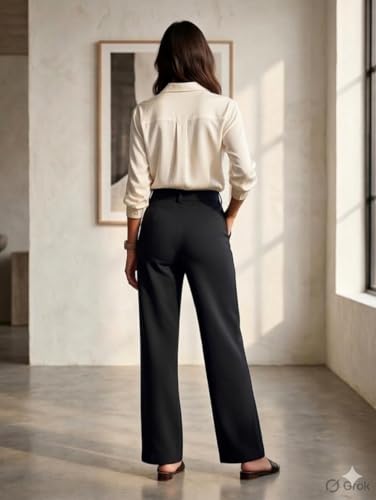 Image of Women Cotton Blend Formal Straight Fit Trousers High Waist Office Wear Pants