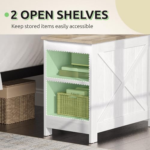 GOOBED Farmhouse Nightstand with Charging Station, Beside Table with Storage, Night Stands for Sleeping Room, Living Room, Oak White