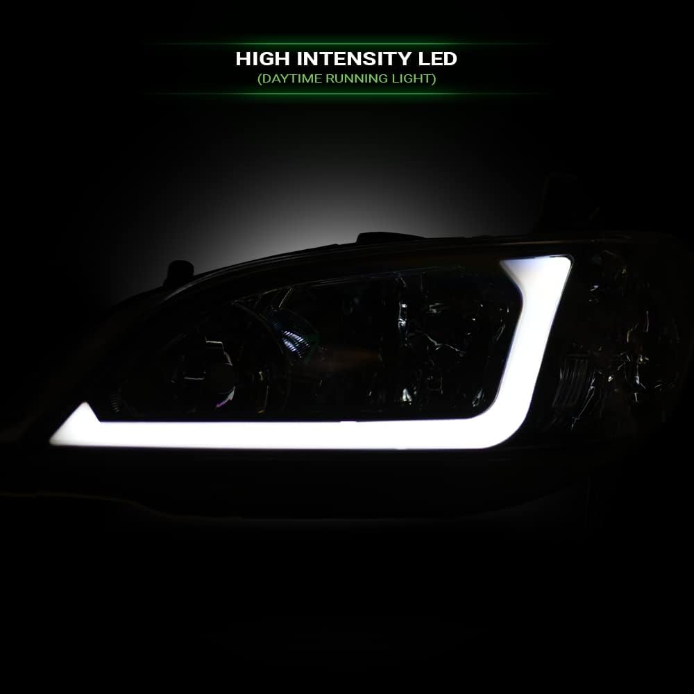 7422438499462 Compatible With 2004-2005 Honda Civic 4 Door Sedan / 2 Door Coupe DRL LED Strip Bar Black Housing Headlights With Amber Reflector