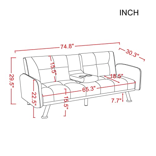Lch Convertible Sofa Adjustable Couch Sleeper Modern Faux Leather Home Recliner Reversible Loveseat Folding Daybed Guest Bed, Removable Armrests，Cup Holders, 3 Angles, Red #TOP1